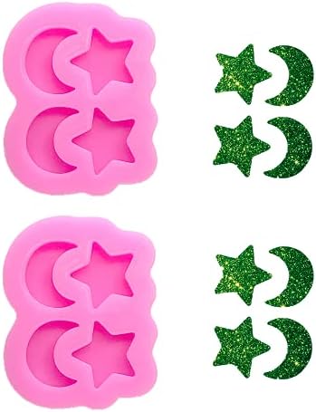 2Pcs Shiny Glossy Mini Star and Moon Earring Shape Silicone Molds for DIY Women Girls Craft Keychain Polymer Clay Mold Jewelry Necklace Epoxy Pendant Resin Crafting Making Backpack Decor