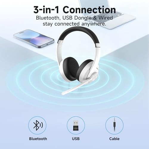 Image of AOC Wireless Headset with Mic for Work with Noise Cancelling Mic for Clear Calls, 30H Playtime PC Bluetooth Headphones and Multipoint Connect to Laptop Computer and Mobile, Wired or USB Dongle- White