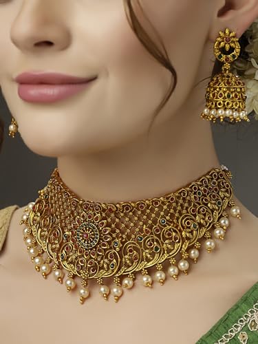 Image of Shining Diva Fashion Stylish Fancy Pearl Choker Traditional Jewellery Set for Women | Temple Necklace Set | Festive Wedding Party Necklace | 22k Gold Plated | Just Like Original Gold Jewellery