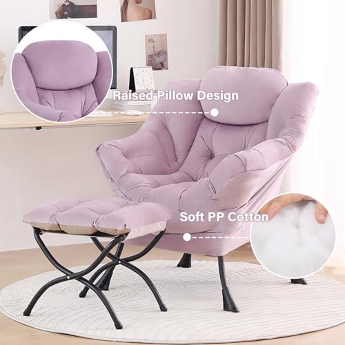 Image of Tiita Lazy Chair with Ottoman, Purple Modern Large Accent Armchair, Comfy Leisure Sofa Reading Chair with Footrest for Bedroom, Living Room, Dorm Rooms, Garden, Velvet Light Purple