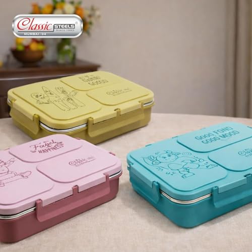 Image of Classic Steels Insulated 3-Compartment Stainless Steel Lunch Box for Kids & Adults | Leak-Proof Bento Box with Silicone Seal | BPA-Free & Food Grade, Green