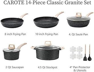 CAROTE 14Pcs Pots and Pans Set Non Stick, Cookware Sets Induction Cookware Granite Cooking Set with Frying Pans, Saucepans, Saute Pan, Extra Large Casserole