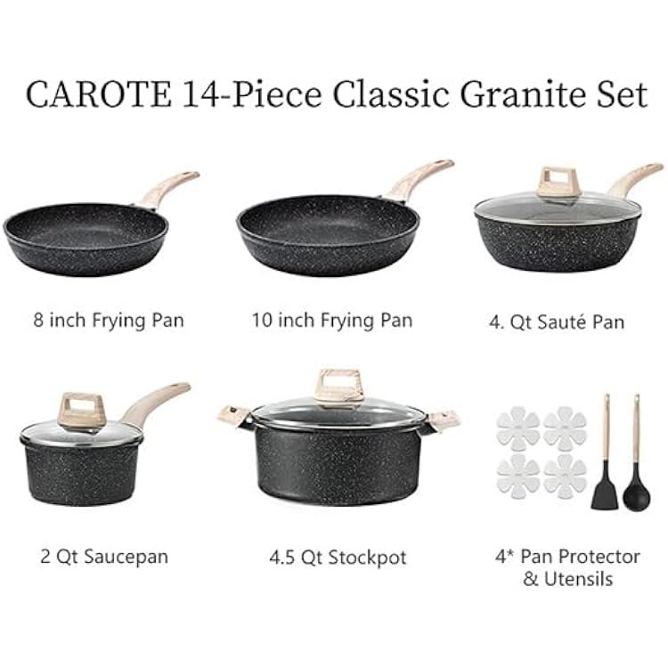 CAROTE 14Pcs Pots and Pans Set Non Stick, Cookware Sets Induction Cookware Granite Cooking Set with Frying Pans, Saucepans, Saute Pan, Extra Large Casserole