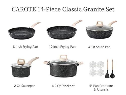 CAROTE 14Pcs Pots and Pans Set Non Stick, Cookware Sets Induction Cookware Granite Cooking Set with Frying Pans, Saucepans, Saute Pan, Extra Large Casserole
