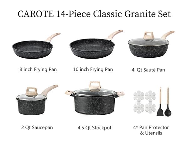 CAROTE 14Pcs Pots and Pans Set Non Stick, Cookware Sets Induction Cookware Granite Cooking Set with Frying Pans, Saucepans, Saute Pan, Extra Large Casserole by CAROTE - Image 2