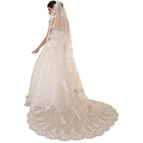 EllieHouse Women's Wedding Veils 1 Tier White Ivory 3M/4M/5M Lace Long Train Bridal Veil With Comb Ivory 4M Cover