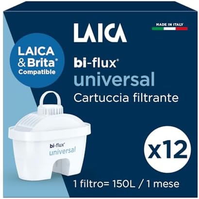LAICA bi-flux® universal Filtro per Acqua - Compatibile con Caraffe Brita* - Preserva i Sali Minerali e Riduce Cloro e Metalli Pesanti - 12 Mesi di Acqua Filtrata (12 Filtri x 150L) - Made in Italy