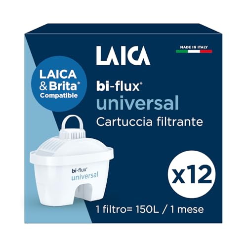LAICA bi-flux® universal Filtro per Acqua - Compatibile con Caraffe Brita* - Preserva i Sali Minerali e Riduce Cloro e Metalli Pesanti - 12 Mesi di Acqua Filtrata (12 Filtri x 150L) - Made in Italy
