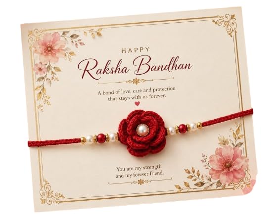 Image of Handmade Crochet Rose Flower Rakhi for Brother, Red, Cotton Yarn, with Pearl & Beads, Adjustable, Raksha Bandhan