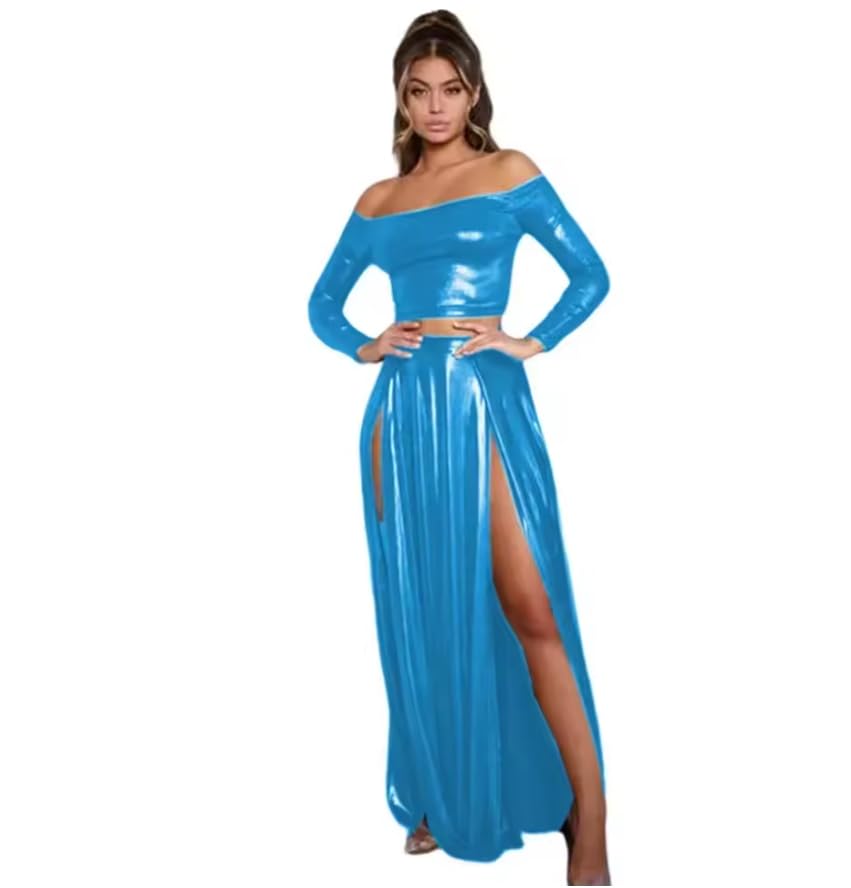 Metaliczny odkryte ramiona bodycon crop top z wysokim rozcięciem spódnica maxi taniec wieczór impreza odzież personalizacja