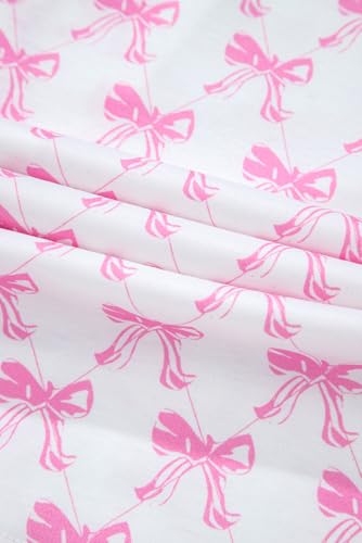 Image of KevaMolly Women Novelty Knotted Candy Cane Christmas Pajama Set | Christmas Floral Bow Print PJ Set, Button Lapel Knotted Drawstring Shorts with Convenient Side Pockets