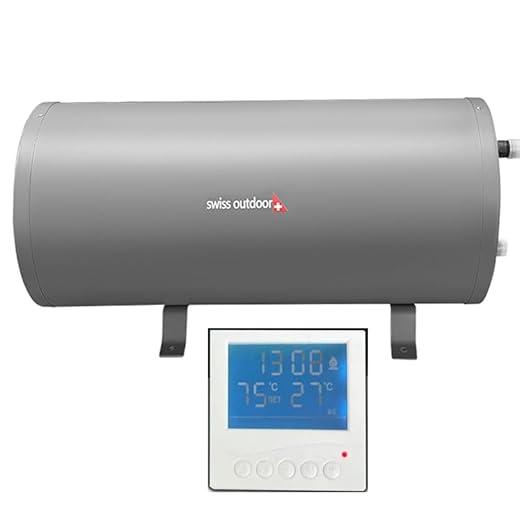 FORÇA Swiss Outdoor S.O. Chauffe-eau de camping 10 l 12 V 200 W avec écran LCD Élément de commande pour caravane, camping-car, chaudière Alimentation en eau chaude