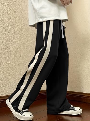 Image of GRECIILOOKS Men's Wide Leg Track Pants with Contrast Side Panel, Relaxed Drawstring Fit Streetwear Trousers, Poly Blend Casual Joggers