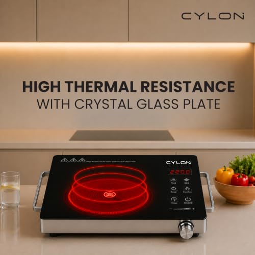 Image of CYLON InfraMate 2200W Infrared Cooktop Stove with Grill Rack, Crystal Glass Top, Digital Display, Touch Control, Compatible with All Cookware, Infrared Hot Plate, Black