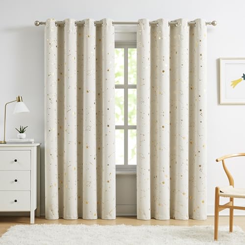 Image of ZHOCHI Beige Full Blackout Window Curtains Stellar Metallic Noise Reducing Panels 84 Inches Long Grommet Top for Kids, Thermal Insulation Window Treatment for Boys Girls Bedroom Living Room, 52Wx84Lx2