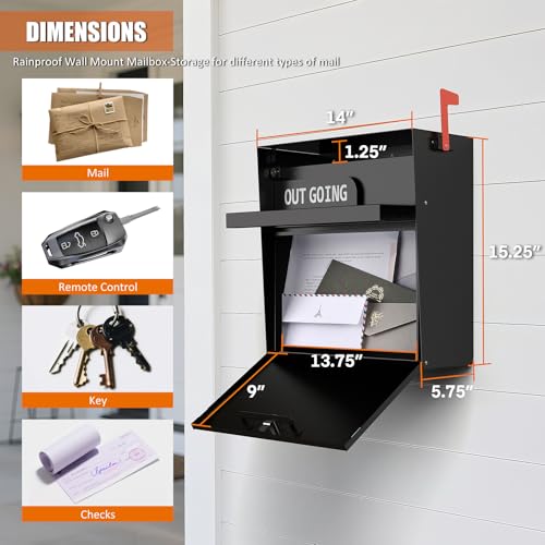 Image of Wall Mounted Locking Mailbox with Outgoing Mail Slot, Secure Drop Box for Home or Office, Weatherproof Steel Mail Box with Key Lock and Red Flag - Black