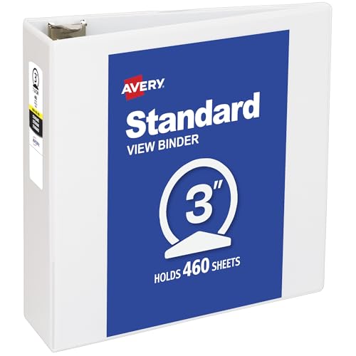 Avery Standard View 3 Ring Binder, 3" Round Rings, 460-Sheet Capacity, 3.5 Inch Wide Spine, 1 White Binder, Ideal for Lightweight Organization and Occasional Referencing (05741)
