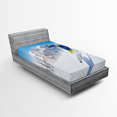 Ambesonne Winter 2 Pack Fitted Sheet, Skiing Extreme Sports, Bed Cover All-Round Elastic Deep Pockets 2 Pieces, Package Contains 2 Twin Size Fitted Sheets, Aqua White