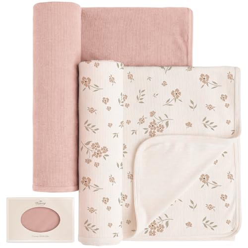 Image of Konssy Knit Baby Blanket 2 Pack, Soft Ribbed Swaddle Receiving Blankets for Boys & Girls, Lightweight Cozy Swaddling Wrap for Newborns, Infants, & Toddlers, 33x42 Inch (Blossom,Pink)