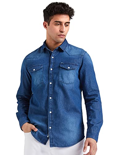 Image of Amazon Brand - Symbol Men's Cotton Slim Fit Denim Shirt | Casual | Plain | Full Sleeve | Summer (Available in Plus Sizes)