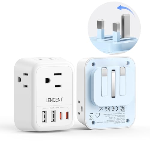 LENCENT Foldable US to UK Ireland Plug Adapter, Type G Travel Outlet Adapter with 4 USB Charger(2 USB C), Power Adaptor for USA to Scotland Dubai Hong Kong England British Kenya London