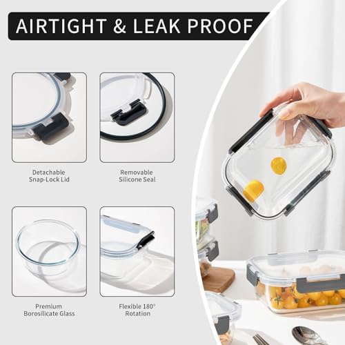 24 Pieces Glass Meal Prep Containers, Glass Food Storage Containers with Lids, Reusable Airtight Leakproof Lunch Bento Boxes Freezer, Microwave Oven and Dishwasher, Gray - Thumbnail 4