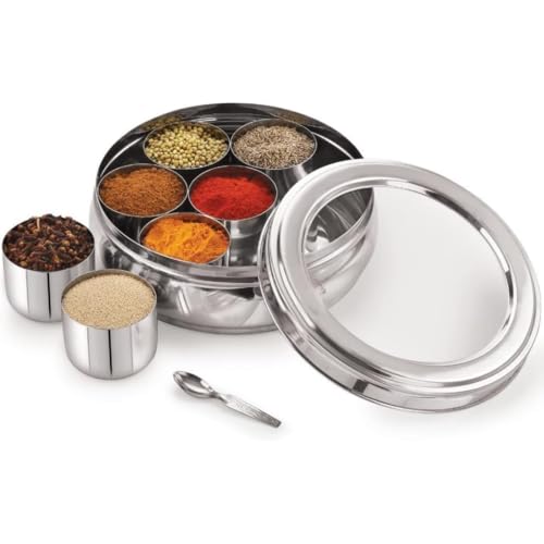 Avenure Masala Dabba Masala Container Spice Box Spice Containers for Kitchen Storage Masala Box Masala Box Steel Spices Container for Kitchen Spices Box | 1300 ML, Silver