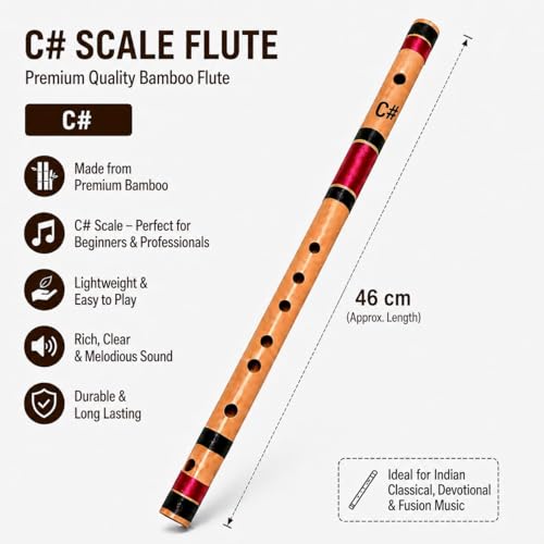 Image of Kaiden Flute | C# Bamboo Flute | Basuri in C# | 100% Natural Bamboo, 35 cm | 7 Holes, Ideal for Practice | Best For Beginner and Professional | Premium Bamboo Bansuri Flute in C# | 46 cm, Lightweight
