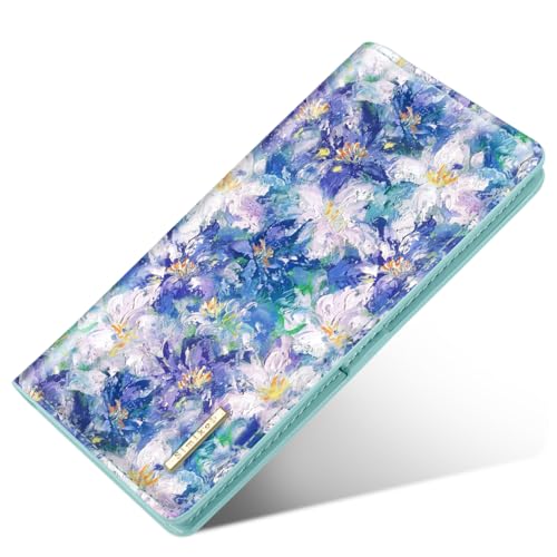 Ultra Slim Womens Wallet Minimalist Thin Long Leather Bifold Wallet RFID Blocking Card Holder Organizer with Zipper Coin Pocket Ladies Girls Gift Purse, Blue Flowers