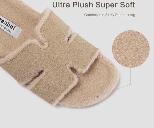 Women's Fuzzy Slippers, Beige, Size 9, Open Toe, Flat Heel, Slip-On, Memory Foam, Faux Leather & Fur, Perfect for Fall & Winter, Birthday Gift3