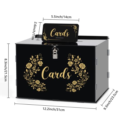 Image of Black Acrylic Wedding Card Box Card Boxes with Lock and Card Sign, Gift Card Box Money Box Holder for Wedding Reception Anniversary Birthday Party Baby Shower Graduation (12.2 x 9.3 x 8.3 Inch)