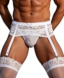 ohyeahlady Mens Lace Sheer Suspenders Sissy Sexy Underwear Lingerie Thongs with Garter for Stockings, White 4 Strong Clips Suspender Belt L