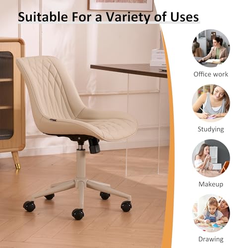 Image of YOUNIKE Faux Leather Office Desk Chair Comfy Vanity Chair Armless Cream | Ergonomic Upholstered Rocking Back, Swivel with Wheels, Height Adjustable, Modern Task Chair For Computer Sewing Drafting