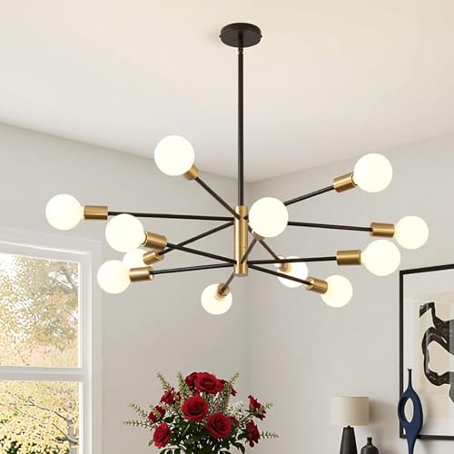 USOR Sputnik Chandelier 12-Light Modern Ceiling Light Black Goble Sputnik Chandeliers Adjustable Height Pendant Lighting Fixture for Kitchen Living Room Dining Room Bedroom Bulbs Included