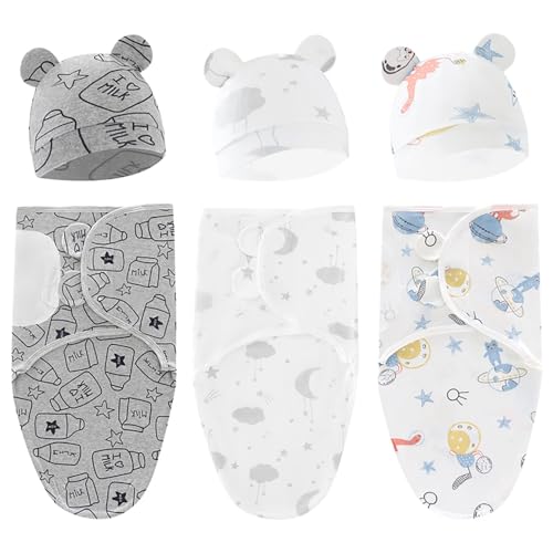 Image of KARAZZO 3-Pack Baby Swaddle Sleep Sacks Baby Swaddle Blanket Wrap for Boys Girls,Babies Swaddle Sack with Hat for 0-3 Months Newborn (E)