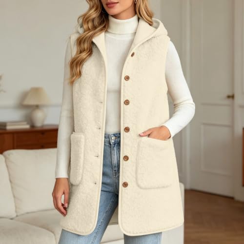 JiXiang Fleece Vest Women with Hood Sleeveless Button Down Long Jackets Fall Winter Warm Lightweight Outerwear with Pockets - image 3