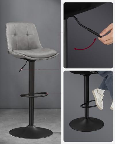 VASAGLE Bar Stools Set of 2 Kitchen Chair Adjustable Height Swivel Seat PU Padded Seat with Backrest and Footrest Dining Room Counter Top Steel Dove Grey LJB095G01