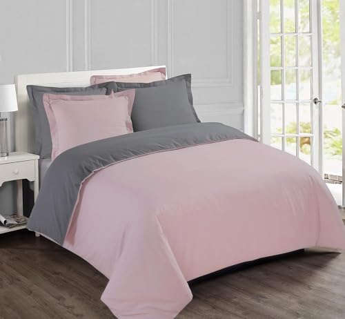 Vision Parure de Lit Réversible 100% Coton Lit Double - Rose Gris | 1 Housse de Couette (260x240cm) + 2 Taies d'oreiller (65x65cm) | 57 Fils/cm² | Doux,...