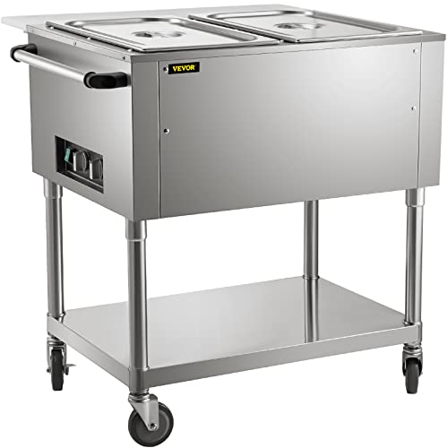 Image of VEVOR Commercial Electric Food Warmer, 2-Pot Steam Table Food Warmer, Features 0-100℃ Adjustable Temp, Movable Professional Stainless Steel Table with ETL Certification for Catering and Restaurants