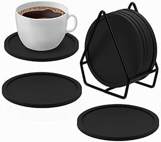 Coptiner Black Coasters Set of 8, Non-Slip Drinks Coasters with Holder Cup Pad Mat Round Silicone Coaster for Coffee Cups Mug Wine Glass Bottle Home and Bar