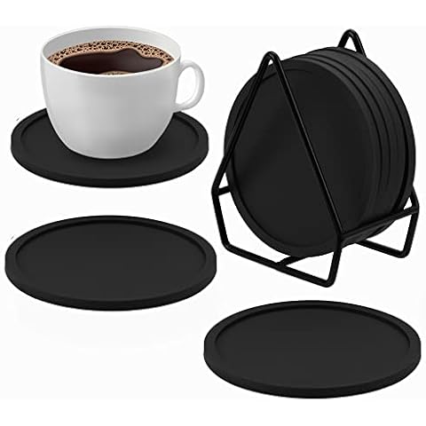 Coptiner Black Coasters Set of 8, Non-Slip Drinks Coasters with Holder Cup Pad Mat Round Silicone Coaster for Coffee Cups Mug Wine Glass Bottle Home and Bar Cover