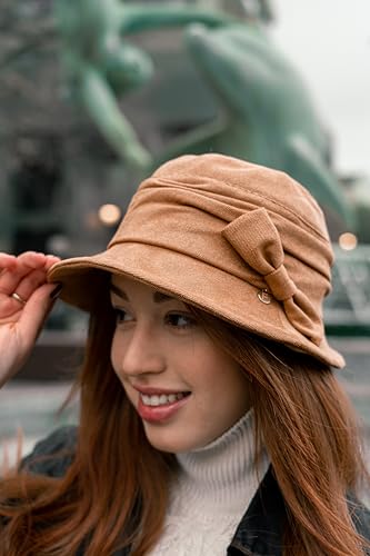 Womens 1920s Vintage Satin Lined Fedora Bowler Cloche Bucket Church Derby Party Large Big Head Hat Fall Winter Ladies Tan - Thumbnail 6