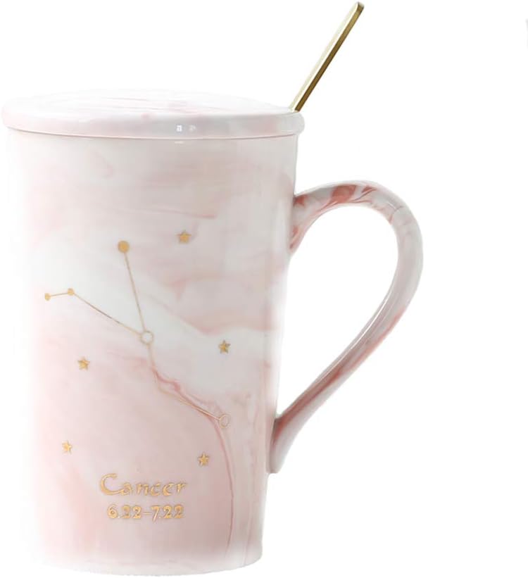 Ynsfree 12 OZ Ceramic Coffee Mugs Juice Tea Coffee Cups and Saucer Twelve Constellations Romantic Gift For Friends,Sisters,Brother,Father,Mom,Men,Wife,Boss,Anniversary (Cancer-Pink)