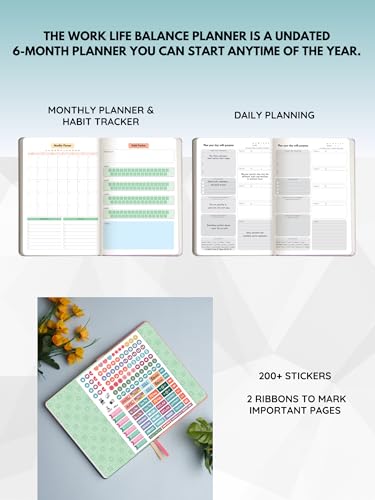 Image of DOODLE Work Life Balance Planner - A5 Undated 6 Months Planner | Productivity, Goal Setting & Self-Care Gratitude Journal | Monthly + Daily Planning | Hard Cover | 200+ Stickers | Balance Pro