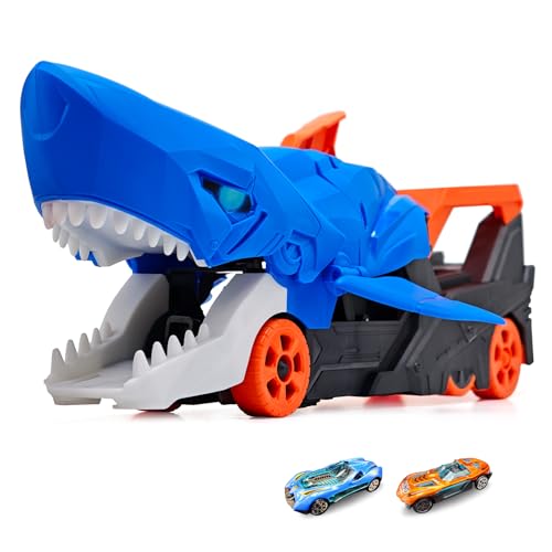 Sternstunde Dinosaurio Catapulta Coche Camión Juguete Coche Transportador Juguete con 2 Mini Coches de Metal para Niños de 3 a 6 Años para Almacenar hasta 5 Vehículos (Tiburón)