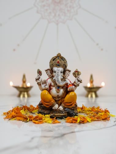 Image of Marble Lord Ganesha Idol with Golden Mukut Ganesh ji Murti Ganesh Showpiece for Home Decor,Study Table,Office Ganesha Idol for Home decor, Ganesha Idol for Pooja Room(16.5 cm)