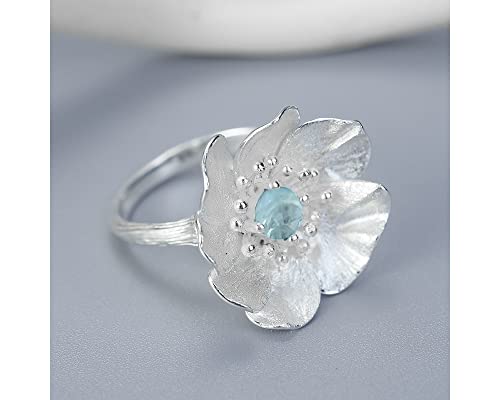 Stunning Designer Flower Ring With Natural Blue Topaz Gemstone In 925 Sterling Silver Adjustable Ring Size Women Handmade Jewelry - Premiumpearl #TOP2