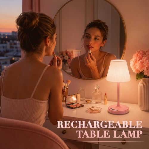 Image of Waterproof Shower Lamp, 4000mAh Cordless Table Lamp, 3-Color Dimmable -Pink | touch dimmable, weighted base, bathroom shower light, patio dinner, RV camping, charge your phones, memory night light