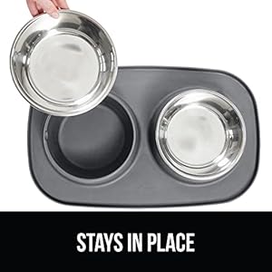   Gorilla-Grip-100-Waterproof-BPA-Free-Cat-and-Dog-Bowls-Silicone-Feeding-Mat-Set-Stainless-Steel-Bowl-Slip-Resistant-Raised-Edges-Catch-Water-Food-Mess-No-Spills-Pet-Accessories-1-Cup-Gray