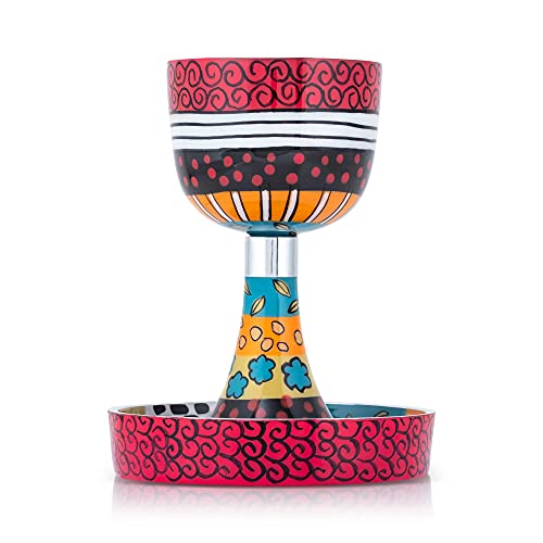 Suri Hand Painted Patterned Kiddush Cup Set, Modern Shabbat Wine Kiddish Glass Goblet With Plate, Jewish Kitchen Wares And Gifts #TOP6
